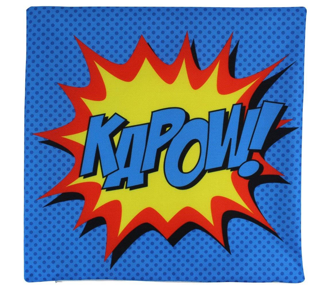 KAPOW Blue Pillow Cover featuring comic design with vibrant colors and concealed zipper, perfect for kids' rooms.