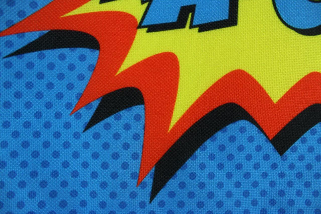 KAPOW Blue Pillow Cover featuring comic design with vibrant colors and concealed zipper, perfect for kids' rooms.