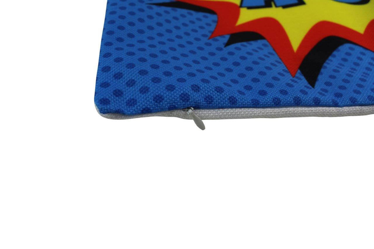 KAPOW Blue Pillow Cover featuring comic design with vibrant colors and concealed zipper, perfect for kids' rooms.