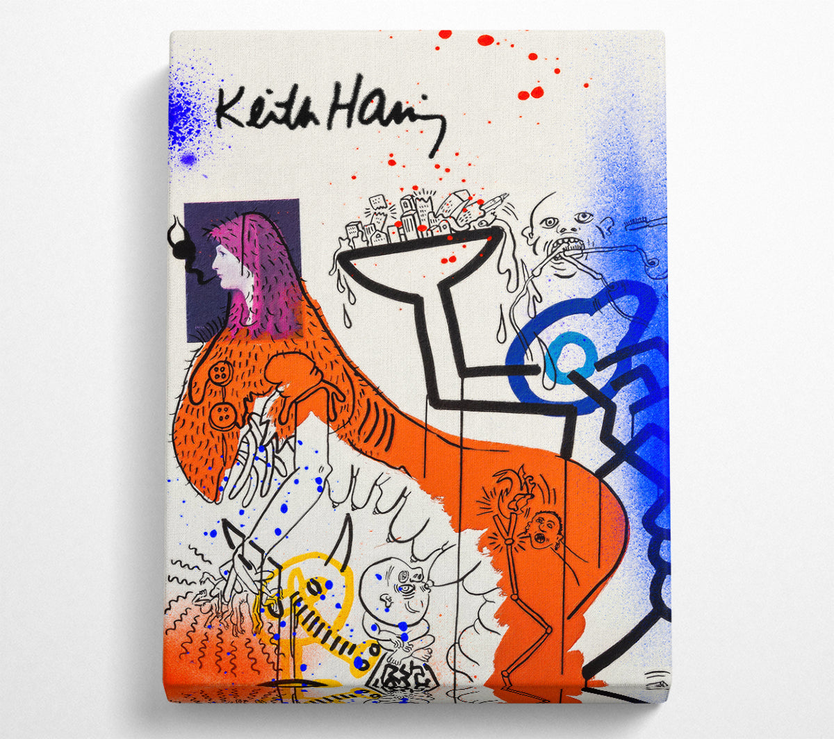 Vibrant Keith Haring Art printed on coated polyester canvas, mounted on a sturdy 44mm box frame, ready to hang.