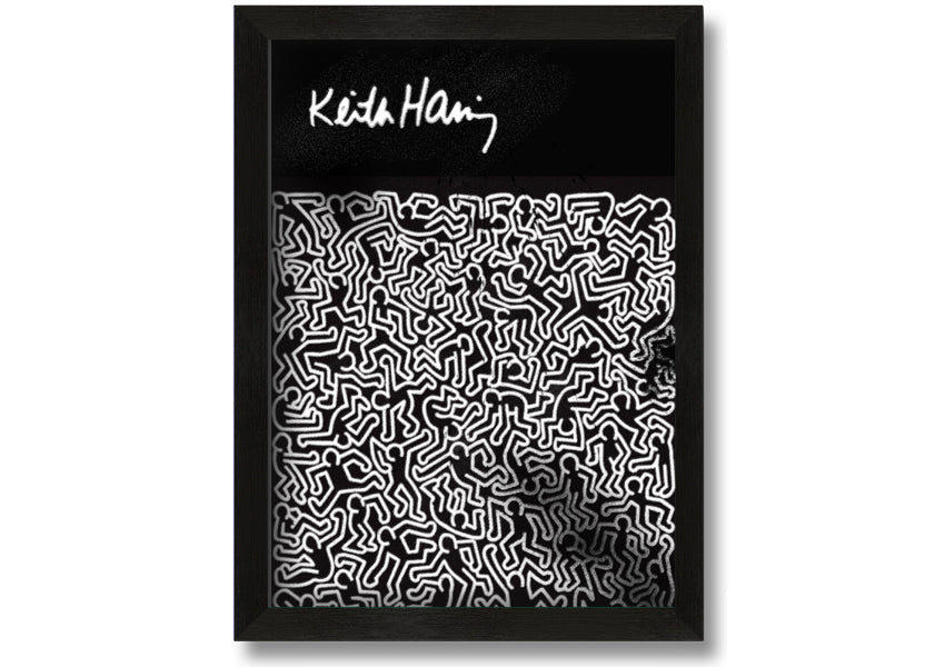 A vibrant Keith Haring Figures artwork printed on coated polyester canvas, mounted on a 44mm box frame, showcasing bold colors and dynamic designs.