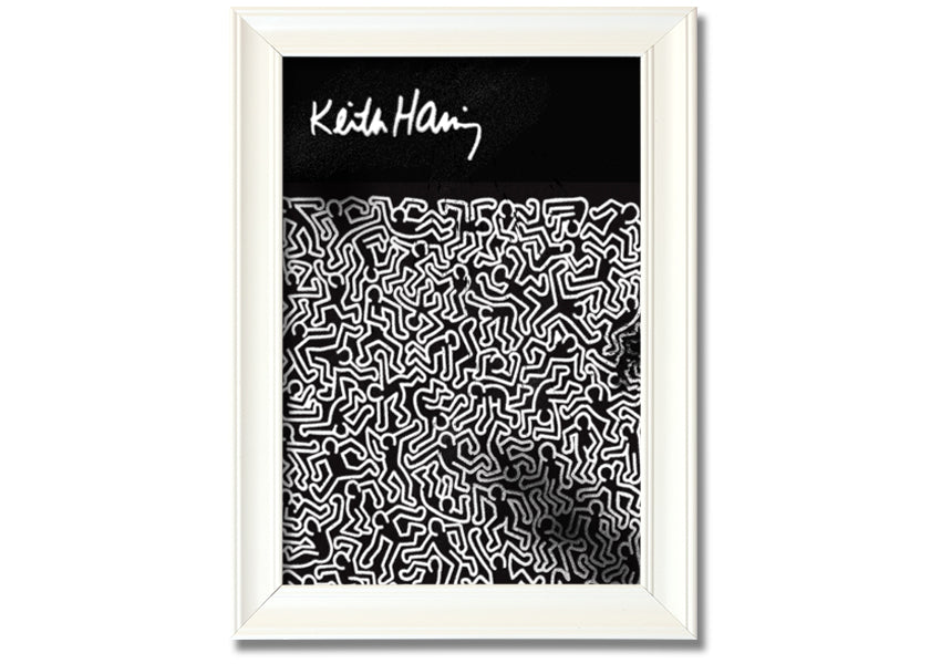 A vibrant Keith Haring Figures artwork printed on coated polyester canvas, mounted on a 44mm box frame, showcasing bold colors and dynamic designs.