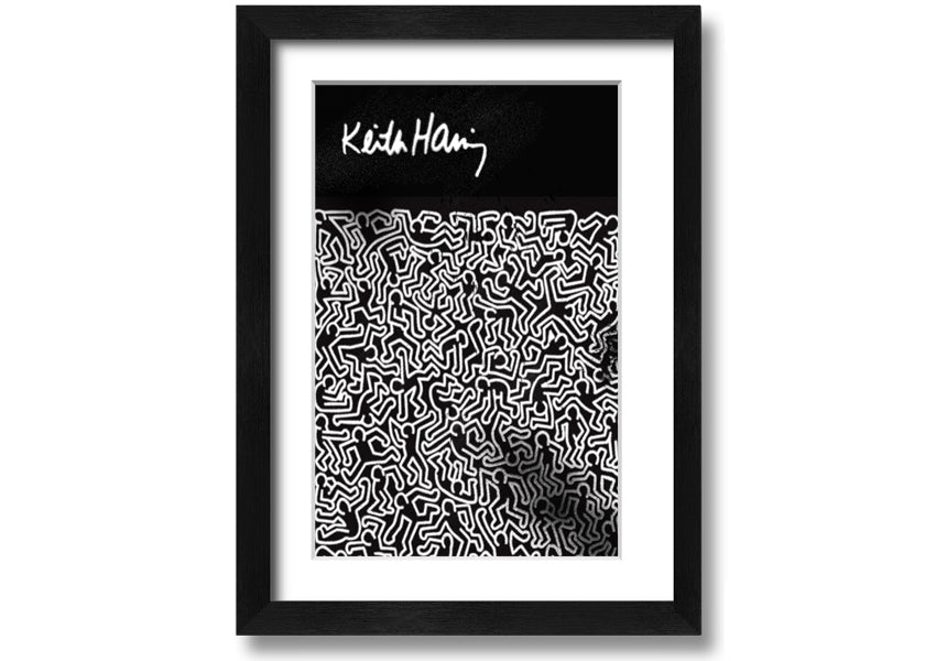 A vibrant Keith Haring Figures artwork printed on coated polyester canvas, mounted on a 44mm box frame, showcasing bold colors and dynamic designs.