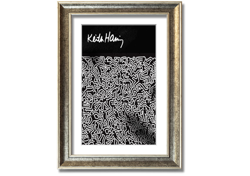 A vibrant Keith Haring Figures artwork printed on coated polyester canvas, mounted on a 44mm box frame, showcasing bold colors and dynamic designs.