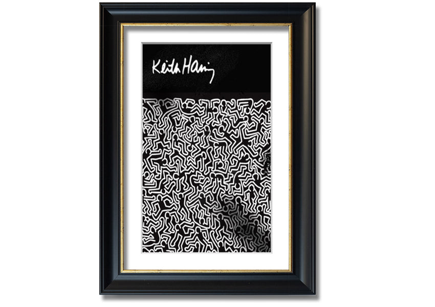 A vibrant Keith Haring Figures artwork printed on coated polyester canvas, mounted on a 44mm box frame, showcasing bold colors and dynamic designs.