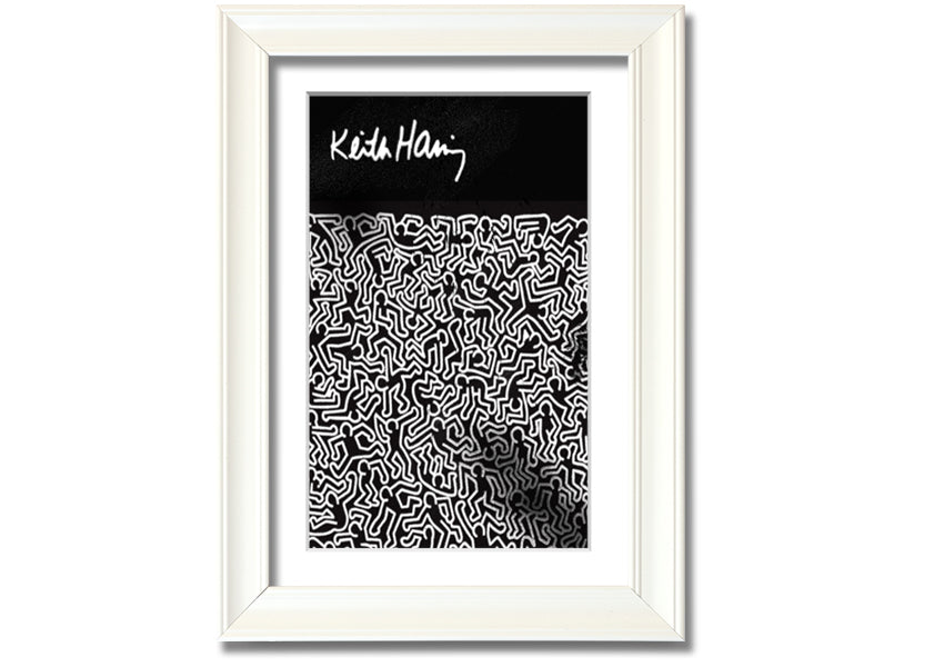 A vibrant Keith Haring Figures artwork printed on coated polyester canvas, mounted on a 44mm box frame, showcasing bold colors and dynamic designs.