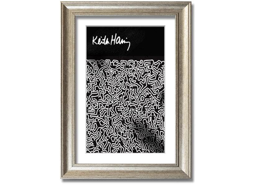 A vibrant Keith Haring Figures artwork printed on coated polyester canvas, mounted on a 44mm box frame, showcasing bold colors and dynamic designs.