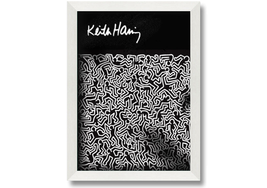 A vibrant Keith Haring Figures artwork printed on coated polyester canvas, mounted on a 44mm box frame, showcasing bold colors and dynamic designs.
