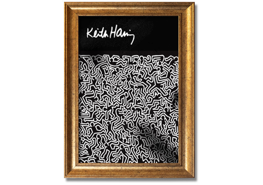 A vibrant Keith Haring Figures artwork printed on coated polyester canvas, mounted on a 44mm box frame, showcasing bold colors and dynamic designs.