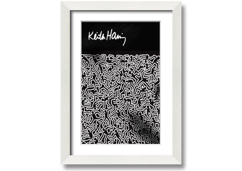 A vibrant Keith Haring Figures artwork printed on coated polyester canvas, mounted on a 44mm box frame, showcasing bold colors and dynamic designs.