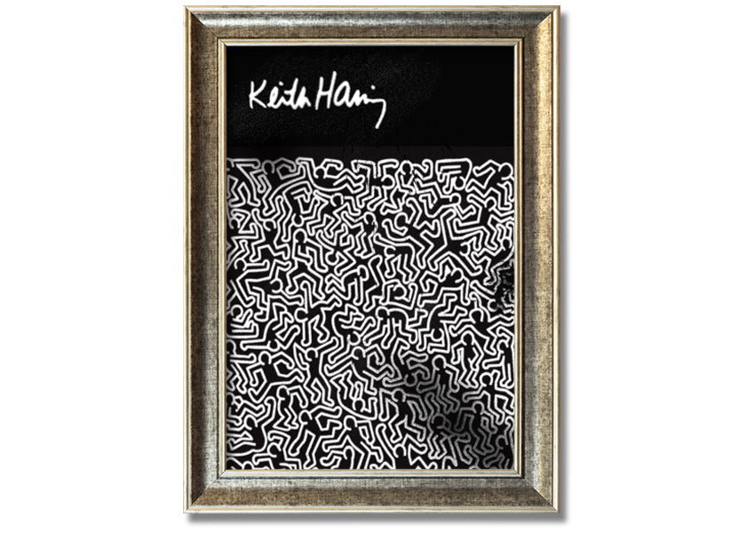 A vibrant Keith Haring Figures artwork printed on coated polyester canvas, mounted on a 44mm box frame, showcasing bold colors and dynamic designs.