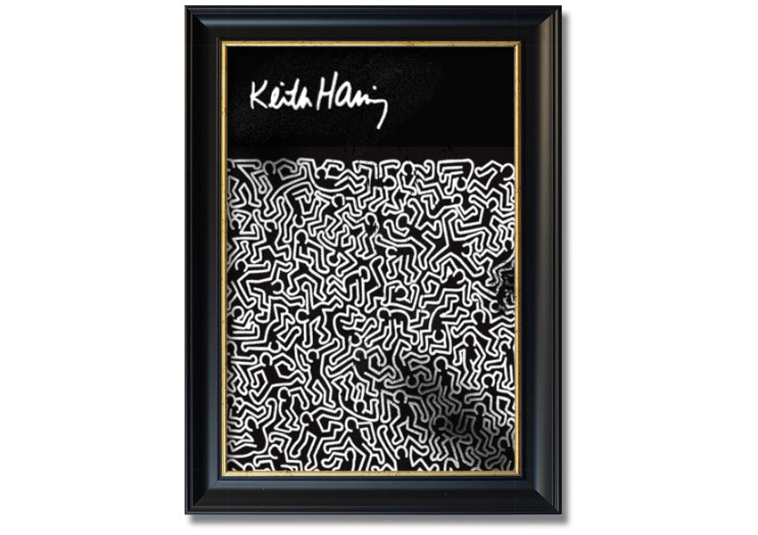A vibrant Keith Haring Figures artwork printed on coated polyester canvas, mounted on a 44mm box frame, showcasing bold colors and dynamic designs.