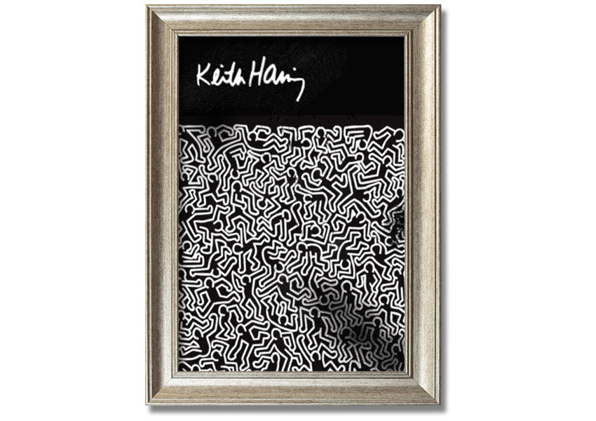 A vibrant Keith Haring Figures artwork printed on coated polyester canvas, mounted on a 44mm box frame, showcasing bold colors and dynamic designs.