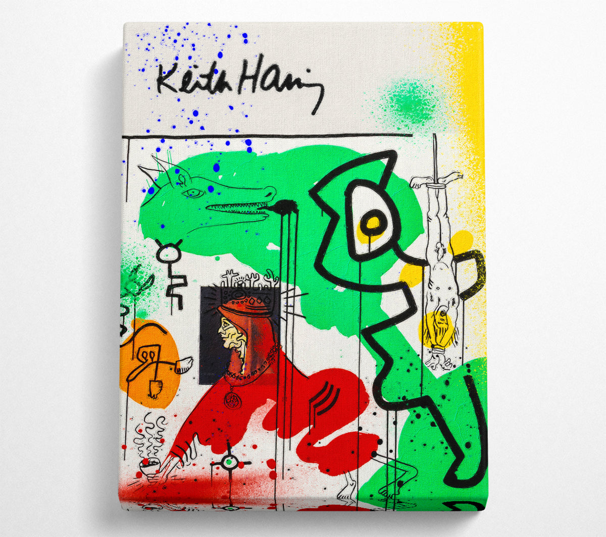 Keith Haring's Woman In Red artwork, featuring bold lines and vibrant colors, mounted on a 44mm box frame, ready to hang.