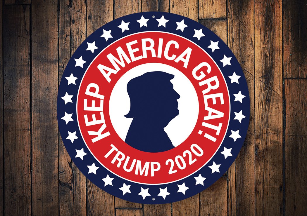 Keep America Great sign made of high-quality aluminum, featuring patriotic colors and customizable text, suitable for indoor and outdoor display.