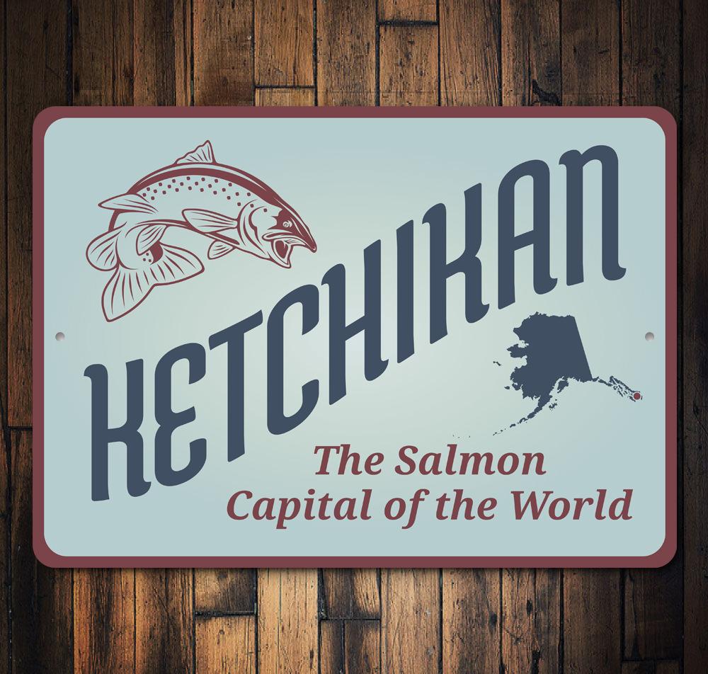 Ketchikan Alaska Sign made of high-quality aluminum, featuring a decorative design perfect for lakehouses.
