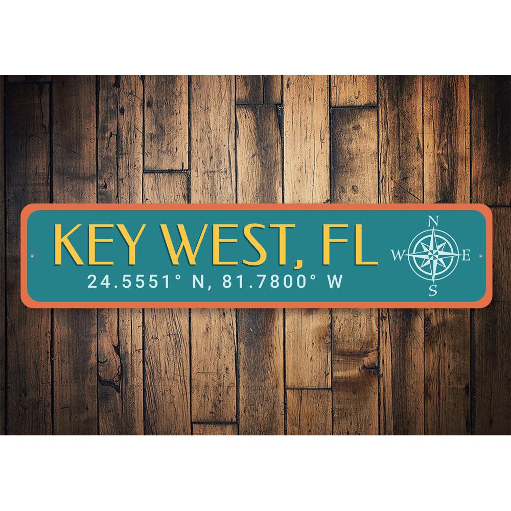 Key West Coordinates Sign made of high-quality aluminum, featuring customizable text and pre-drilled holes for easy mounting.