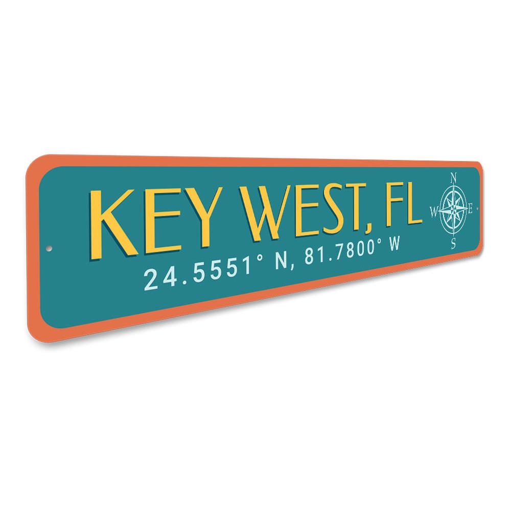 Key West Coordinates Sign made of high-quality aluminum, featuring customizable text and pre-drilled holes for easy mounting.