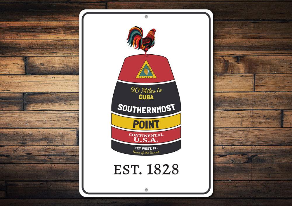 Key West Est. Year Sign featuring a rooster buoy design, made from high-quality aluminum, perfect for home decor.