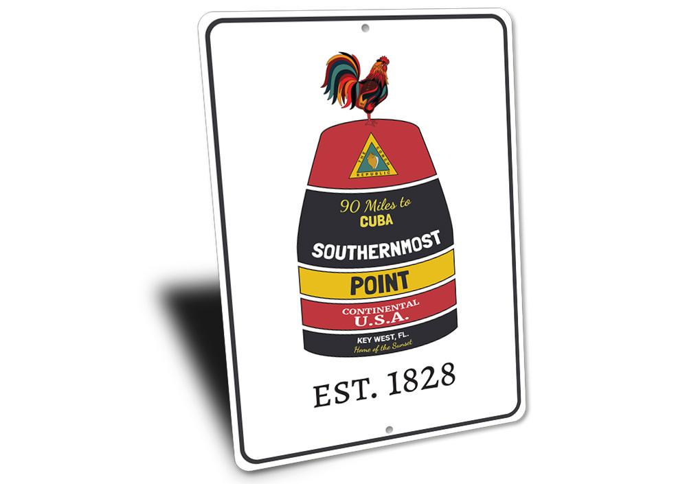 Key West Est. Year Sign featuring a rooster buoy design, made from high-quality aluminum, perfect for home decor.