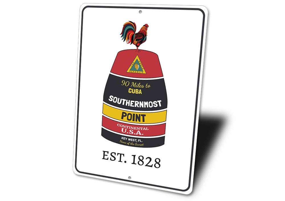 Key West Est. Year Sign featuring a rooster buoy design, made from high-quality aluminum, perfect for home decor.