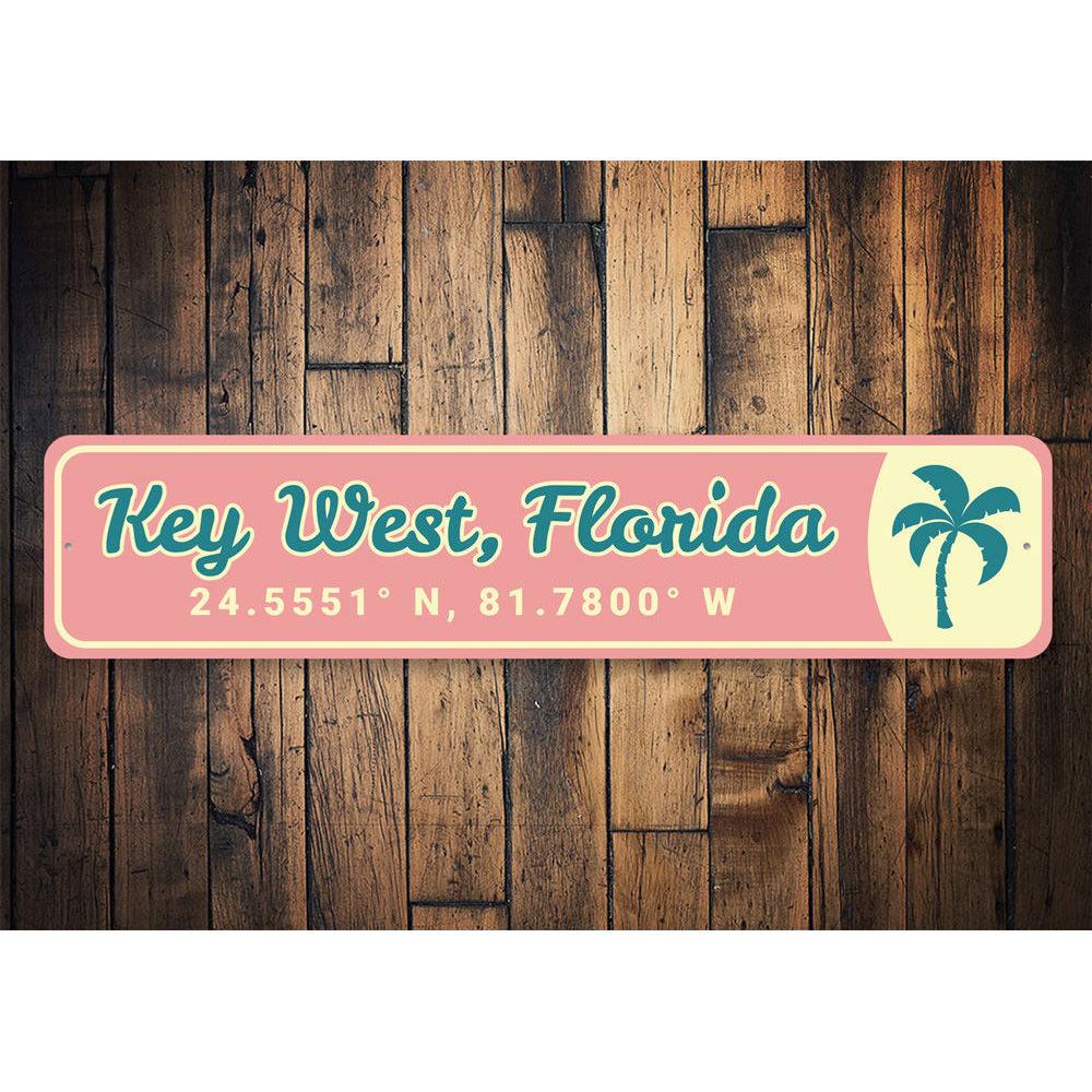 Key West Latitude Longitude sign made of high-quality aluminum, featuring coastal-themed design, perfect for beach houses and outdoor decor.