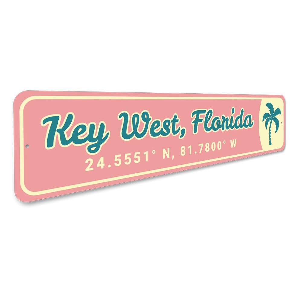 Key West Latitude Longitude sign made of high-quality aluminum, featuring coastal-themed design, perfect for beach houses and outdoor decor.