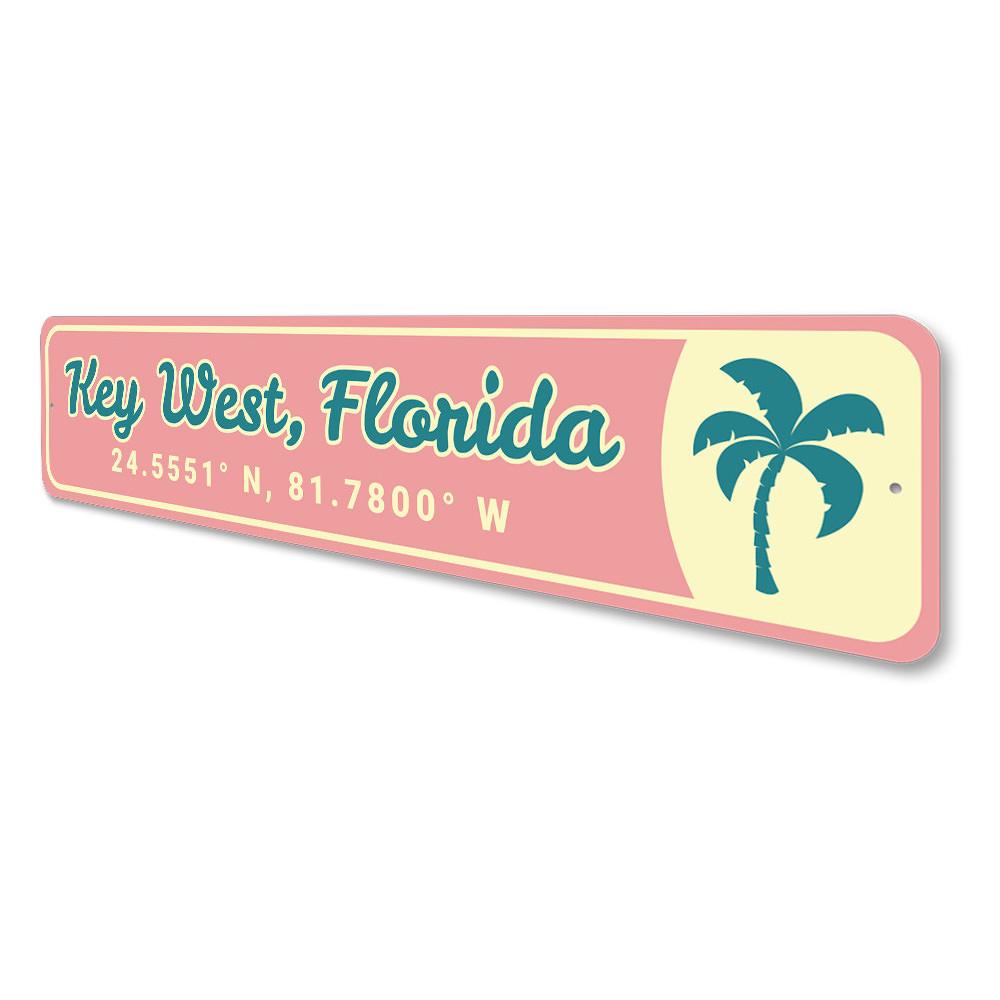 Key West Latitude Longitude sign made of high-quality aluminum, featuring coastal-themed design, perfect for beach houses and outdoor decor.
