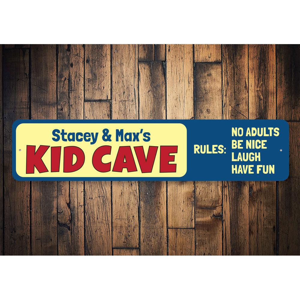 Kid Cave Rules Sign made of durable aluminum, featuring customizable text and pre-drilled holes for easy mounting, perfect for children's rooms.