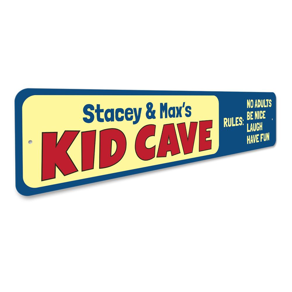 Kid Cave Rules Sign made of durable aluminum, featuring customizable text and pre-drilled holes for easy mounting, perfect for children's rooms.