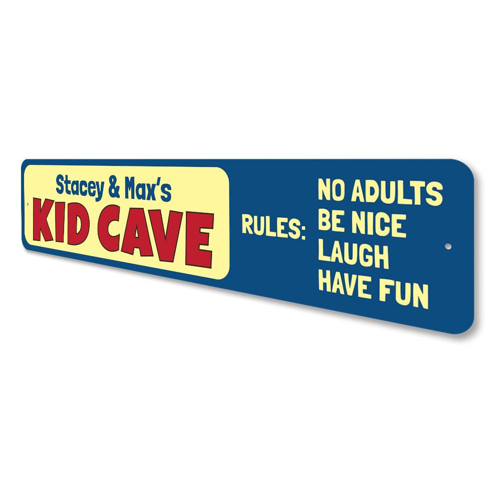 Kid Cave Rules Sign made of durable aluminum, featuring customizable text and pre-drilled holes for easy mounting, perfect for children's rooms.