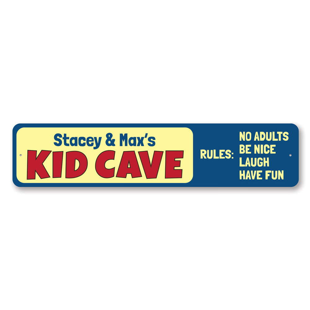 Kid Cave Rules Sign made of durable aluminum, featuring customizable text and pre-drilled holes for easy mounting, perfect for children's rooms.