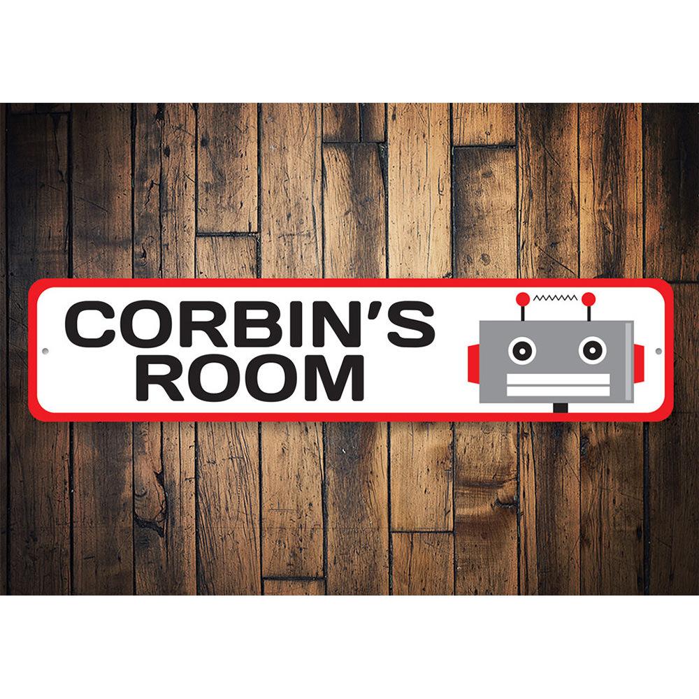 Colorful Kids Robot Sign made of durable aluminum, featuring customizable text for a personalized touch in a child's room.