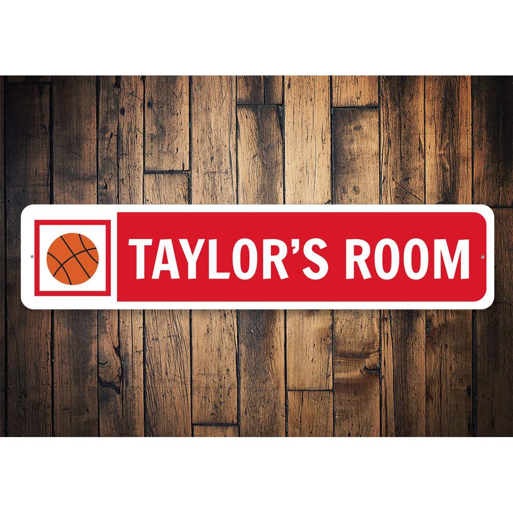 Colorful Kids Room Basketball Sign made of durable aluminum, featuring a basketball design, perfect for decorating a child's room.