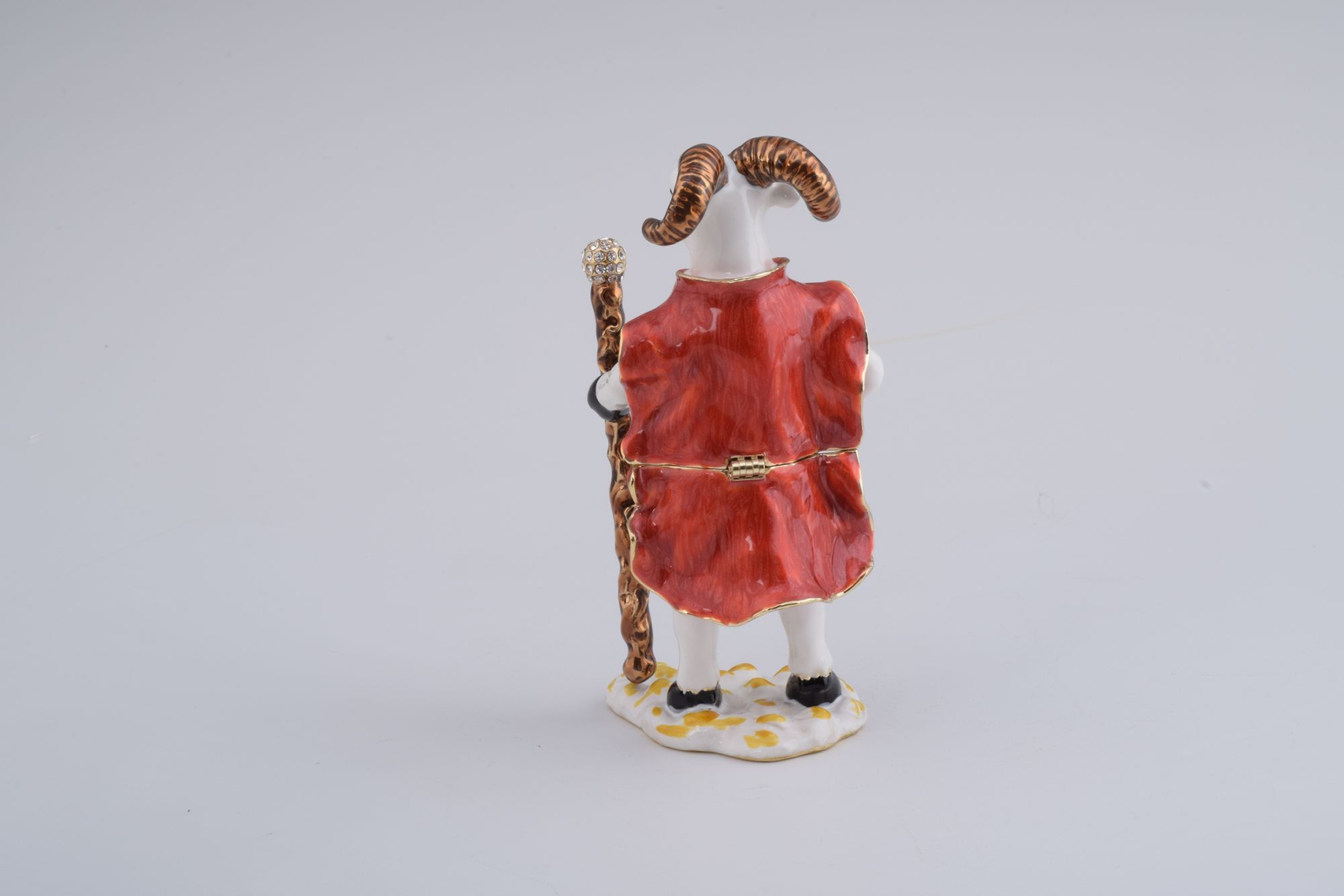 Handmade King of Goats trinket box with enamel paint and Austrian crystals, featuring a silver plating and a magnetic closure.