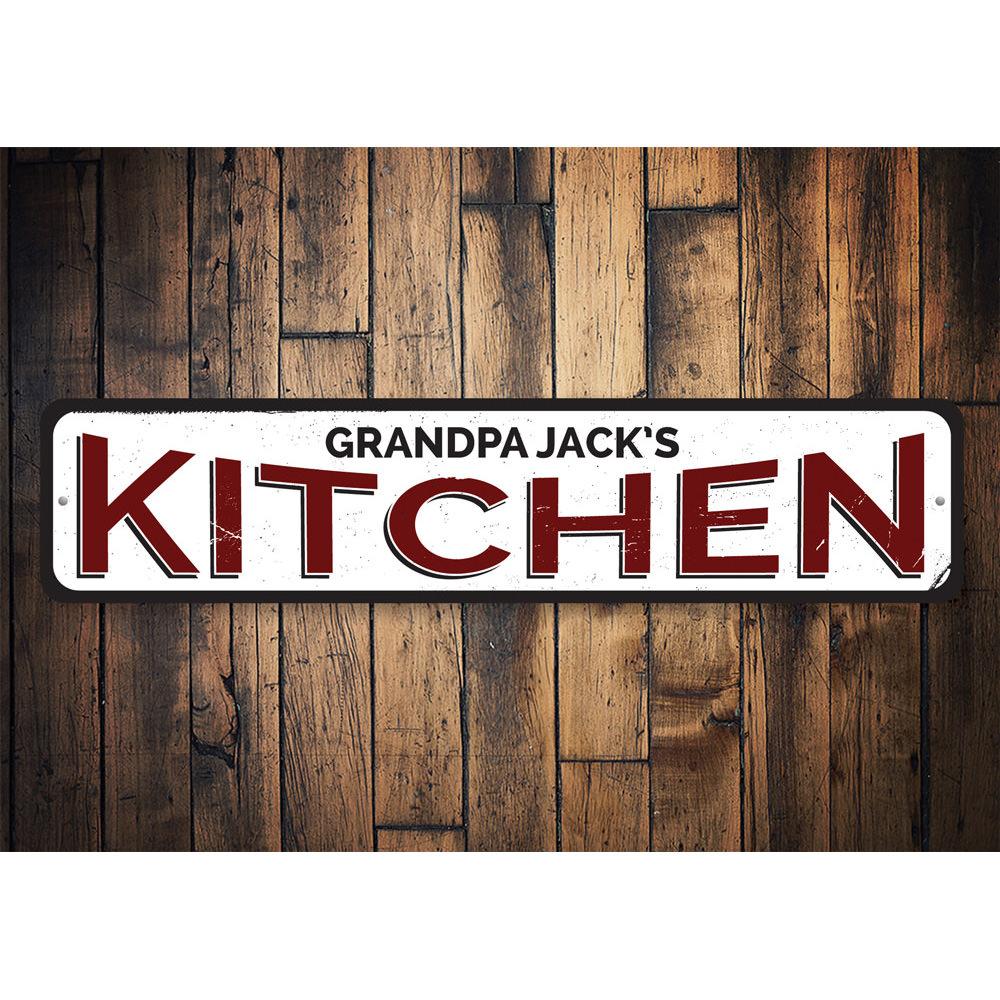 A beautifully crafted aluminum kitchen sign featuring customizable text, perfect for home decor.