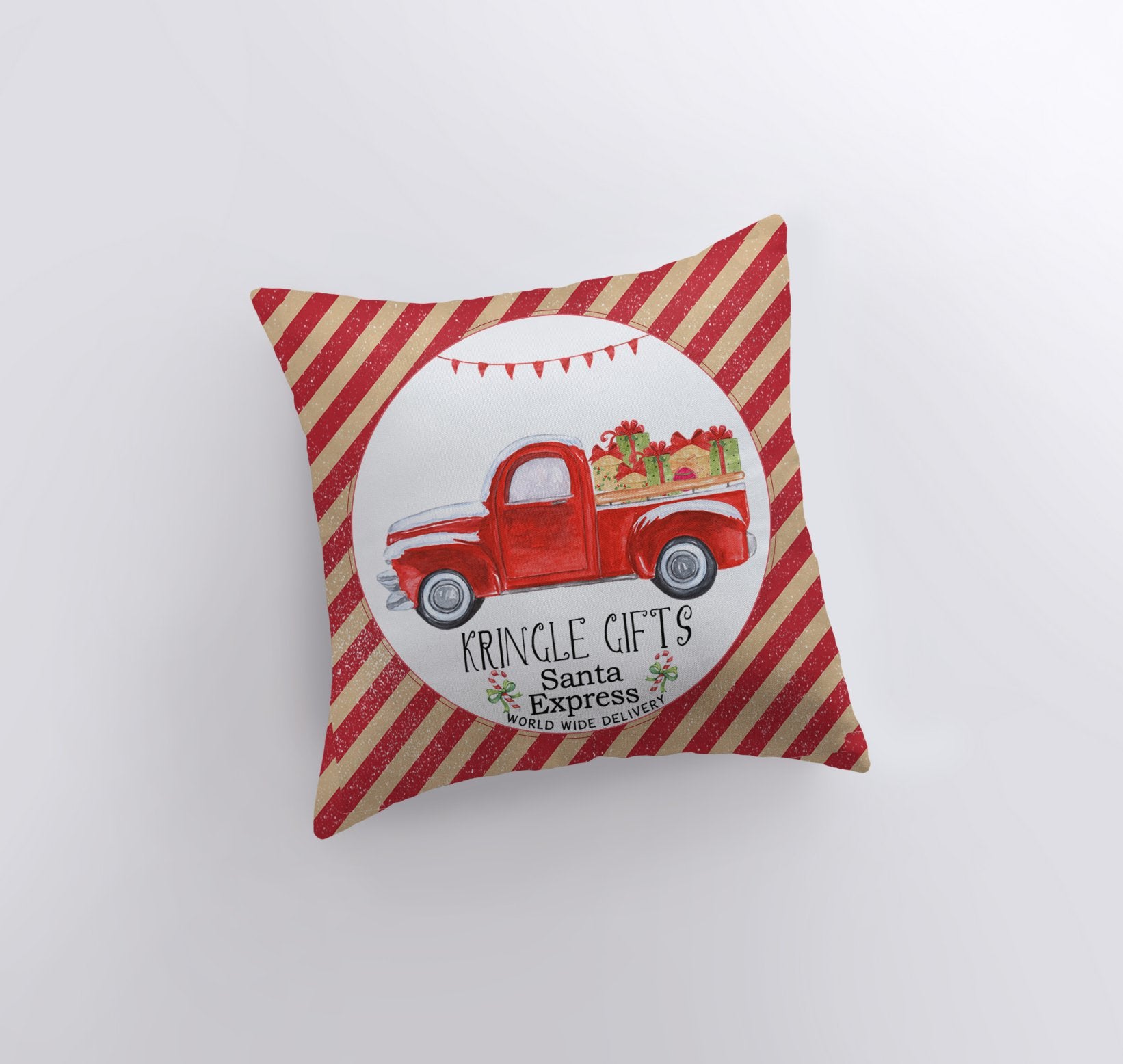 Kringle Gifts Red Christmas Truck Pillow Cover featuring a vintage red truck with gifts, striped corners, and candy cane red stripe back.