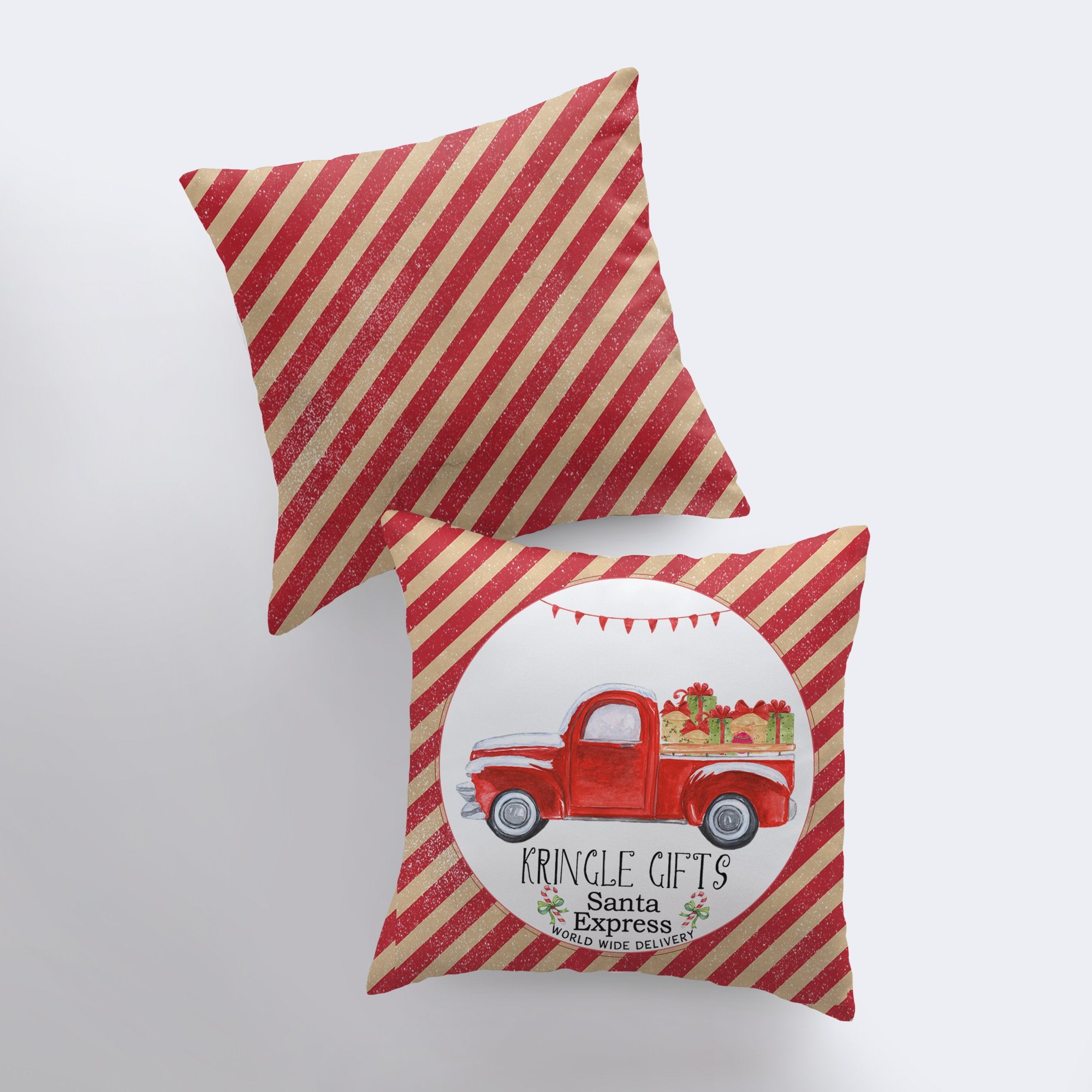 Kringle Gifts Red Christmas Truck Pillow Cover featuring a vintage red truck with gifts, striped corners, and candy cane red stripe back.