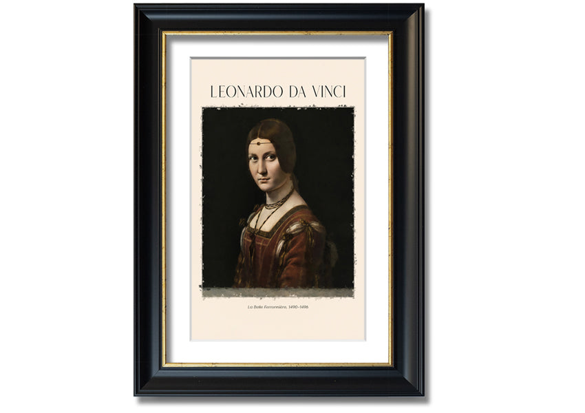 Canvas print of La Belle Ferronnière by Leonardo Da Vinci, mounted on a 44mm box frame, showcasing intricate details and vibrant colors.