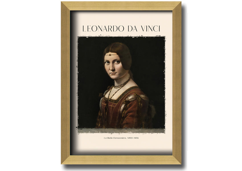 Canvas print of La Belle Ferronnière by Leonardo Da Vinci, mounted on a 44mm box frame, showcasing intricate details and vibrant colors.