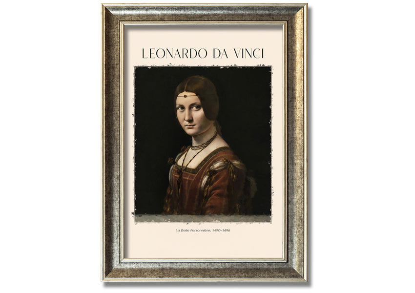 Canvas print of La Belle Ferronnière by Leonardo Da Vinci, mounted on a 44mm box frame, showcasing intricate details and vibrant colors.