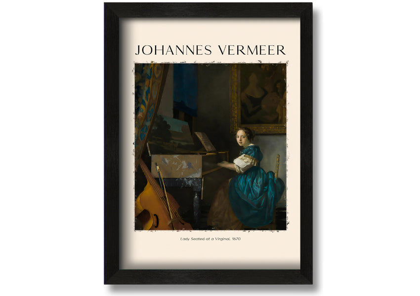 Canvas print of 'Lady Seated At A Virginal' by Johannes Vermeer, featuring a lady playing a virginal instrument, mounted on a box frame.