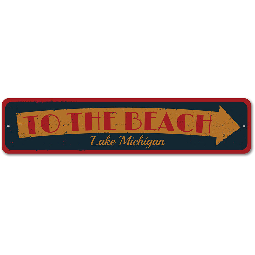 Lake Beach Arrow Sign made of high-quality aluminum, featuring customizable text and a coastal design, perfect for beach houses and decor.