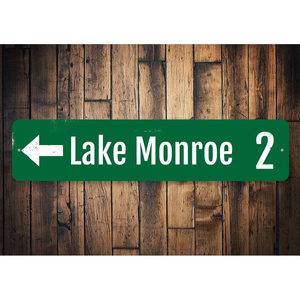 Lake Directional Mileage Sign made of durable aluminum, featuring customizable text options, ideal for lakehouse decor.