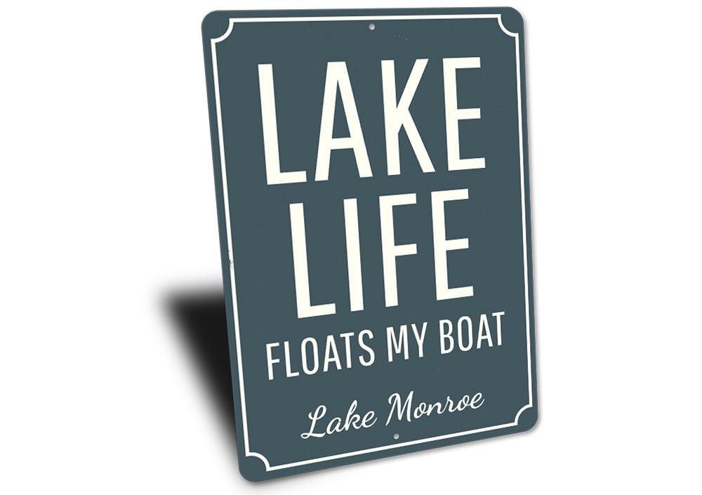 Lake Life Floats My Boat Sign made of durable aluminum, featuring a vibrant design perfect for lakehouse decor.