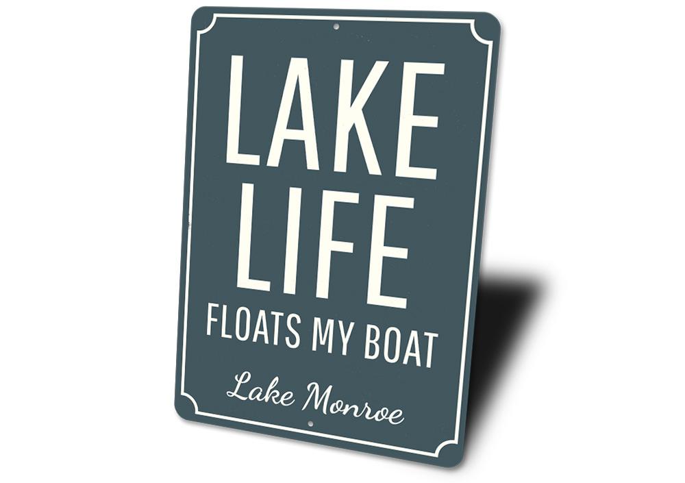 Lake Life Floats My Boat Sign made of durable aluminum, featuring a vibrant design perfect for lakehouse decor.