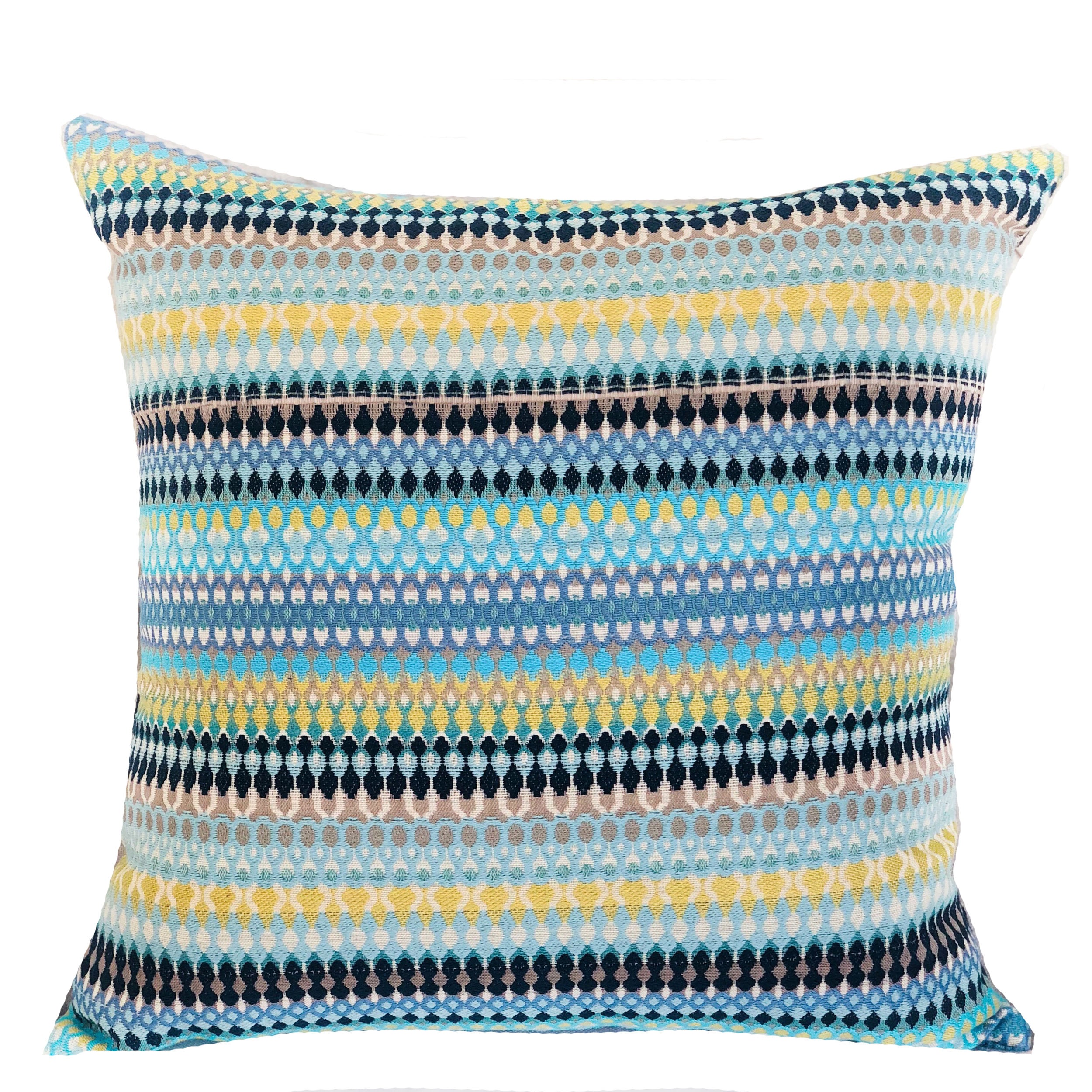 Lake Marsh Handmade Luxury Pillow in Turquoise, Yellow, and Navy with a striped pattern and invisible zipper.