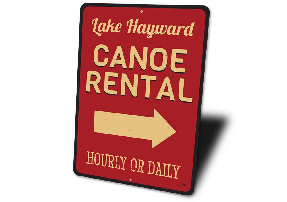 Personalized Lake Name Canoe Rental Sign made of durable aluminum, featuring customizable text for lakehouse decor.