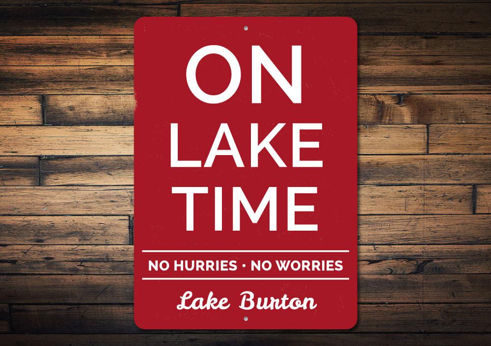 Customizable Lake Name On Lake Time Sign made from high-quality aluminum, featuring a lake-themed design perfect for lakehouse decor.