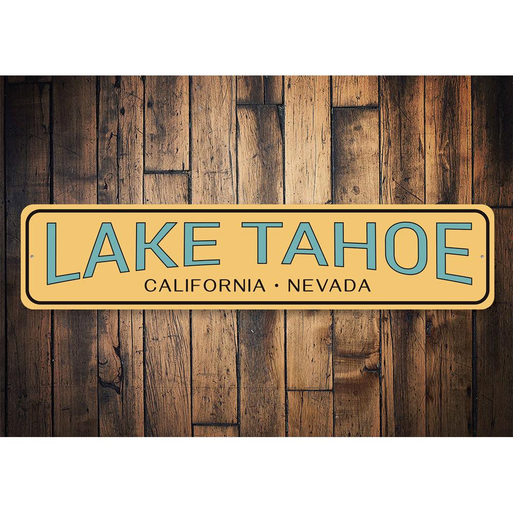 Lake Tahoe decorative sign made of high-quality aluminum, featuring a beautiful lake design, perfect for lakehouses and personalized gifts.